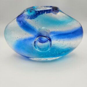 Hand-Blown Art Glass Bud Vase – Blue Aqua Controlled Bubble – Studio Glass